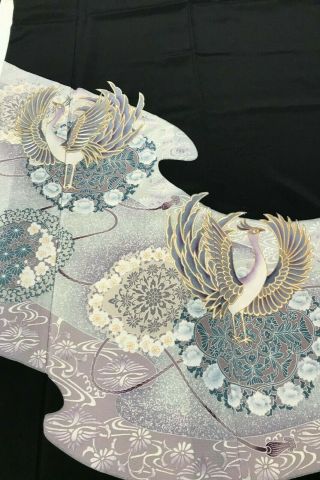@@vintage/japanese Tomesode Kimono Silk Fabric/ 2 Peacocks,  Embroidery B663