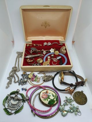 Antique Box Vintage Jewellery Brooch Necklace Watch Ring And Joblot Earrings