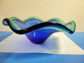 VINTAGE MURANO BLUE,  GREEN EDGE ART GLASS BOWL MADE IN ITALY 3 - 3/4 