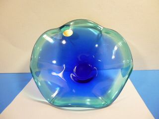 VINTAGE MURANO BLUE,  GREEN EDGE ART GLASS BOWL MADE IN ITALY 3 - 3/4 