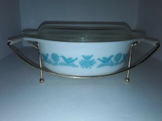 Vintage Pyrex Bluebird Turquoise Oval Casserole Dish 1.  5 Qt Lid & Cradle W/box
