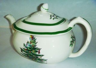 Vtg Spode Christmas Tree Tea Pot W/ Lid - England - Green Trim S3324 J140