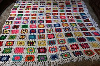 Vintage Granny Square Afghan Crochet Handmade Blanket 126 " X 92 " Fringed 3 Sides
