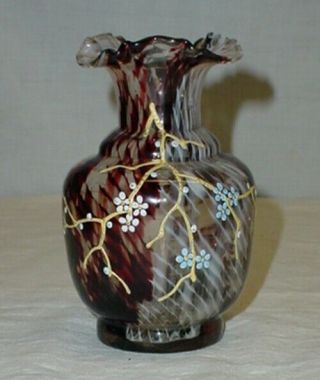 Vintage Moser ? Bohemian Czech Art Glass Enameled Ruffled Vase
