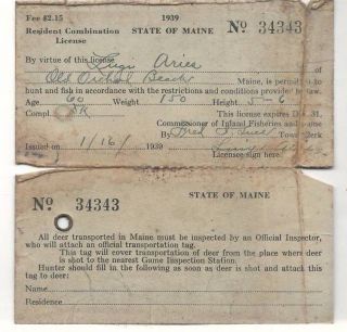 1939 State Of Maine Resident Combination License With Rw6 Hunting Stamp