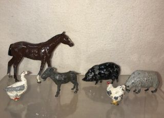 Vtg 30 - 40’s England Metal Toy Horse Goat Pig Goose Chicken Sheep Farm Figurines