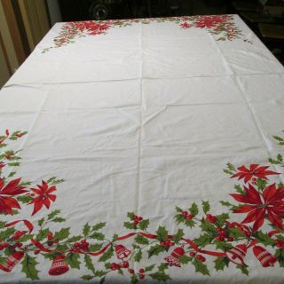 Vintage Cotton Printed Christmas Tablecloth 59 " X 82 " Poinsettias Holly Bells