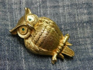Vintage Jj Signed Owl Brooch Pin Jonette Jewelry W/ Rhinestone Eyes Mid - Century