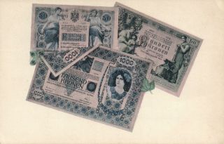 Vintage Austria 50 Kronen,  100 Kronen,  1000 Kronen Banknote Postcard -