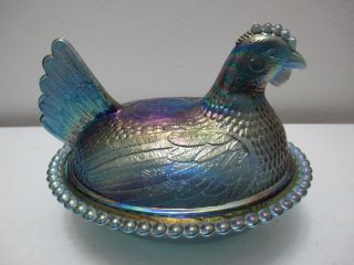 Vintage Indiana Glass Hen On Nest Covered Candy Dish Blue Carnival Glass 5 " T