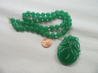Vintage Jade Green Glass Beads (47) And Matching Medallion