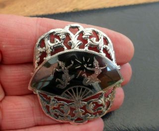 Vintage Jewellery Sterling Silver Siam Black Enamel Niello Goddess Brooch Pin