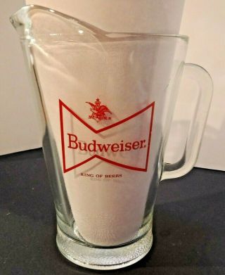 Vintage Budweiser Glass Pitcher 60 Oz Red Bow Tie Heavy King Of Beers Pub Bar