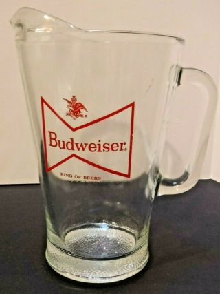Vintage Budweiser Glass Pitcher 60 oz Red Bow tie Heavy King of Beers Pub Bar 3