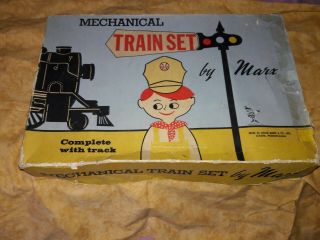 Vintage Mechanical Marx Train Set & Box Tin Wind Up Train