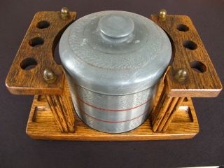 Vintage Wooden 6 Pipe Holder Rack With Pewter Tobacco Jar