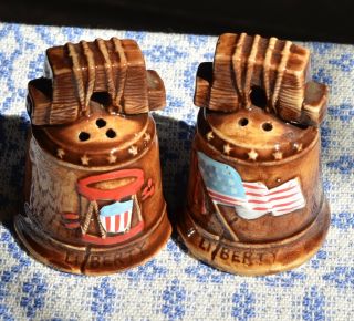 Ceramic Liberty Bell Salt & Pepper Shakers 3 1/2 " Tall Vintage Japan W/ Stoppers