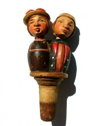 Vtg Moving Wood Wooden People Wine Cork Bottle Stopper Man & Woman Kissing
