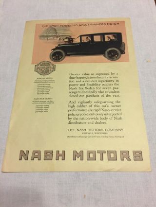 1921 Nash Motors Sedan Vintage Print Ad Kenosha Wisconsin Literary Digest