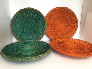4 Pc Vintage Wicker Rattan Picnic Cookout Bamboo Paper Plate Holder Basket Set