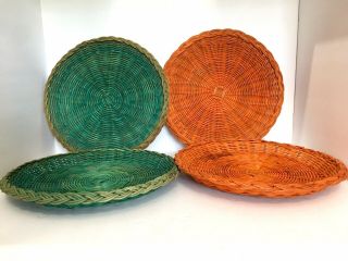 4 Pc Vintage Wicker Rattan Picnic Cookout Bamboo Paper Plate Holder Basket Set 2
