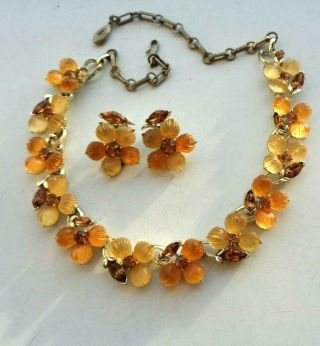 Vtg Signed Lisner Amber Rhinestones Yellow Moonstone Beads Necklace & Ear Clips