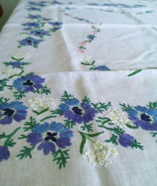 Vintage Square Linen Tablecloth Heavily Embroidered With Flowers
