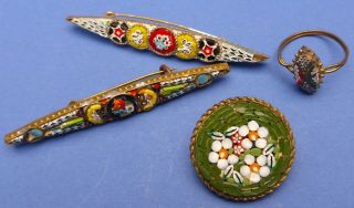 3 Lovely Vintage Italian Micromosaic Brooches & Ring 1930s - 50s Micro Mosaic