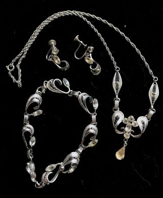 Vtg Am Lee Sterling Silver Set Of Necklace Earrings & Bracelet Signed M114