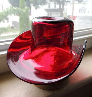 Vintage Blenko Ruby Red Cowboy Hat Vase