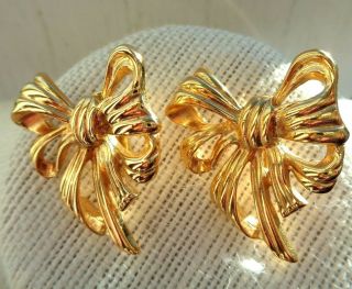 Vintage Signed Givenchy Polished Golden Ribbon Bow Design Pierced Earrings