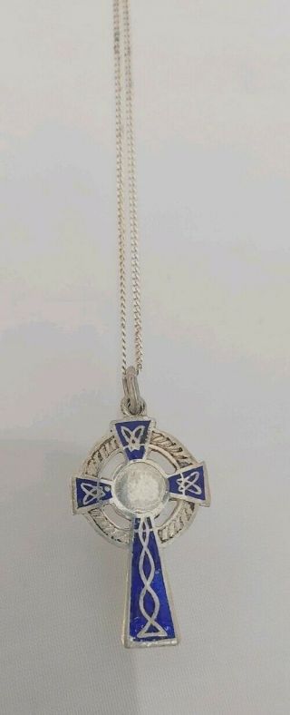 Vintage Sterling Silver Enamel Celtic Cross Crucifix Pendant Necklace
