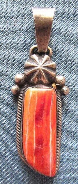 Vintage,  Sterling & Orange Spiny Oyster Stone Pendant,  Signed By Jeweler