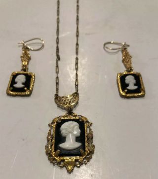 Vintage_art Deco Cameo Filigree_ Necklace Earrings Set_black And White