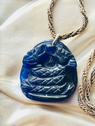 Vintage Jewellery Pate De Verre Blue Glass Snake Pendant On Silver 925 Chain