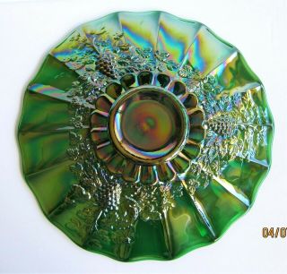 Vintage Mosser Green Carnival Glass " Grapes " Punch Bowl Under Plate
