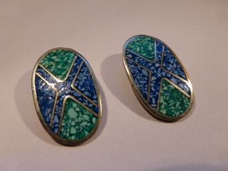 Vintage Alpaca Mexico Pair Clip On Earrings With Turquoise Mosaic