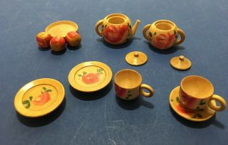 Vtg Dollhouse Miniature 13 Pc Wood Coffee Tea Set Tray Apple Cup Plate - Japan