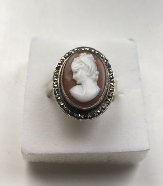 Vintage 800 Silver Marcasite Shell Cameo Ring