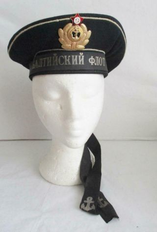 Vintage Russian Military Navy Hat,  Badge,  Ribbons Ussr Soviet Naval Hat