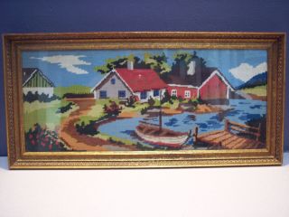 Vintage 1969 Framed Needlepoint,  Petti Point,  Picture,  Boat And Lake Scene
