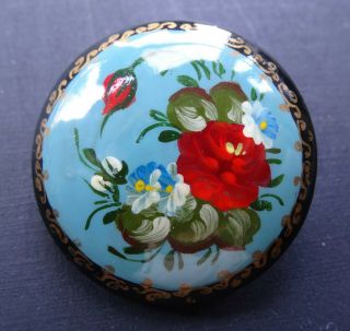 Vintage Hand Painted Russian Blue Red Gold Black Enamel Lacquer Brooch Pin - N212