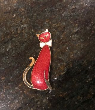 Vintage Red Enamel And Gold Tone Siamese Style Cat Pin Brooch