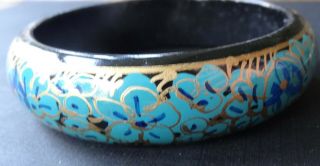 Vintage Hand Painted Russian Blue Enamel Gilt Gold Lacquer Bangle Bracelet Y34