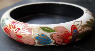 Vintage Hand Painted Russian Flower Enamel Lacquer Bangle Bracelet - R189