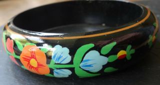Vintage Hand Painted Russian Flower Enamel Lacquer Bangle Bracelet - A515