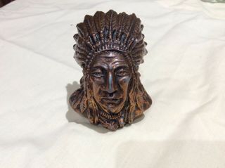 Vintage Minature Carved Indian Chief Head Statue - Metal With Fine Detail
