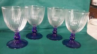 Set Of 4 Vtg Clear Ribbed W/cobalt Blue Stem Wine/goblet Drinking Glasses 6 "