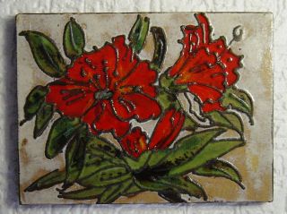 Vtg.  60s/70s Pottery Wall Plaque Tile Ruscha ? Red Flower Lava Glaze