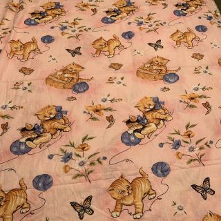 Vintage Twin Bedding Cats Kittens Yarn Pink Duvet Cover Sheet Pillow Case Fabric